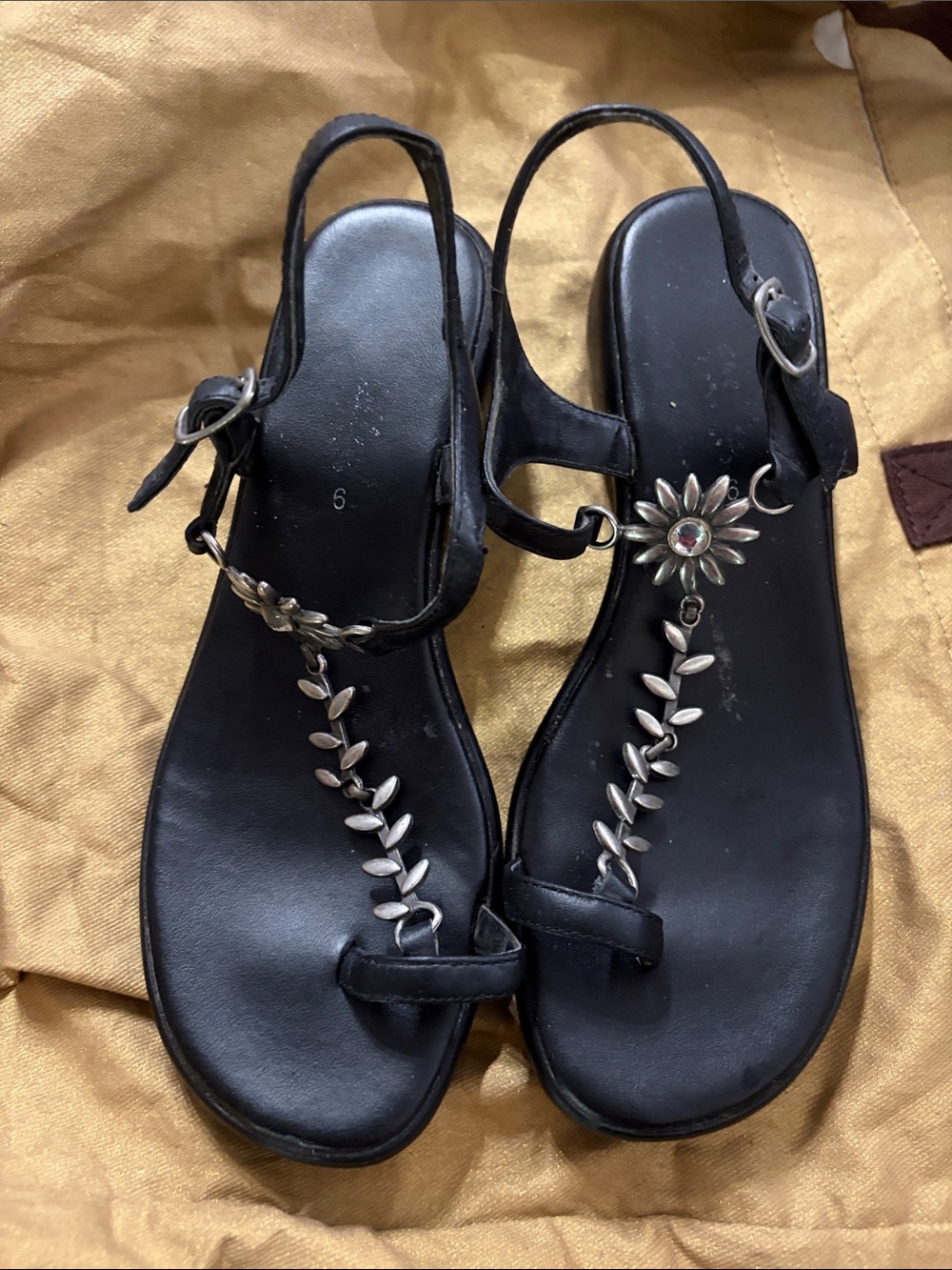 INC International Concepts Black Floral T-Strap Sandals with Silver Accents